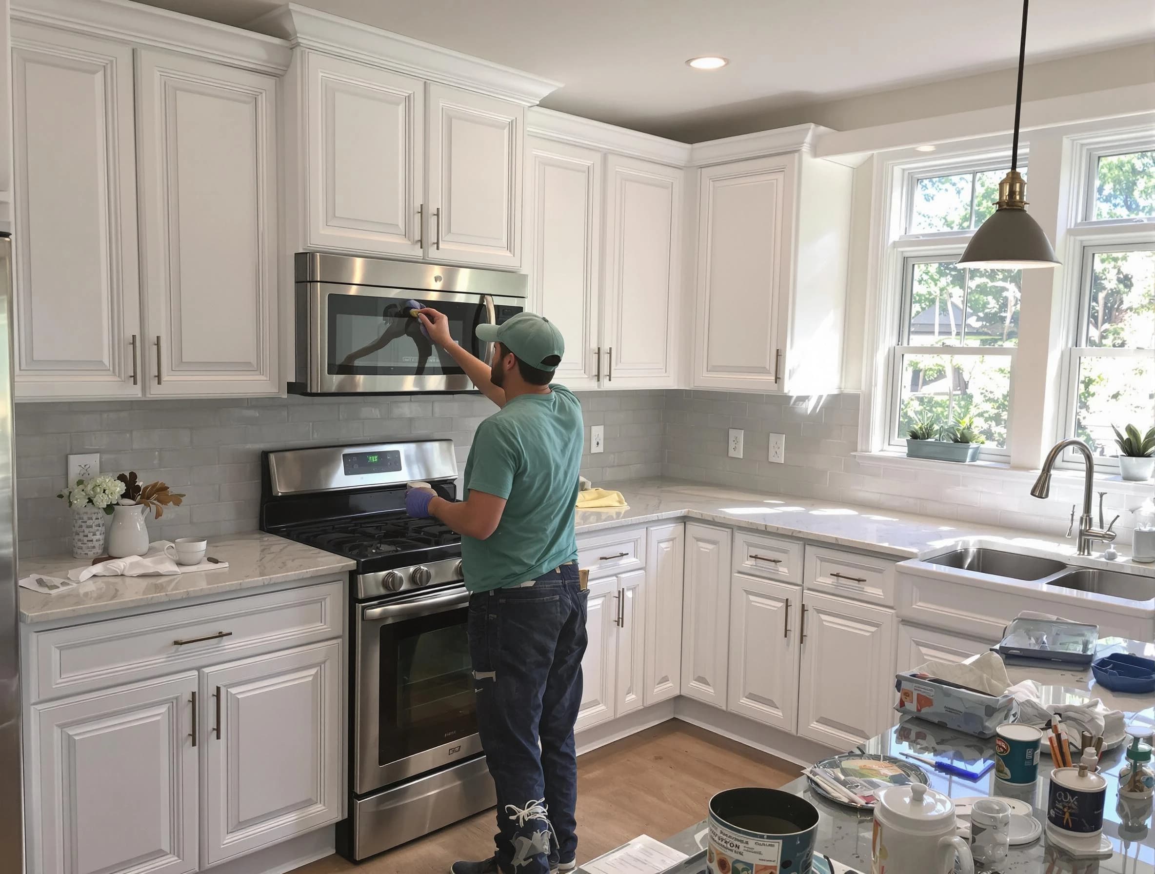 Kitchen cabinets being refinished by Fairview Park House Painters in Fairview Park, OH