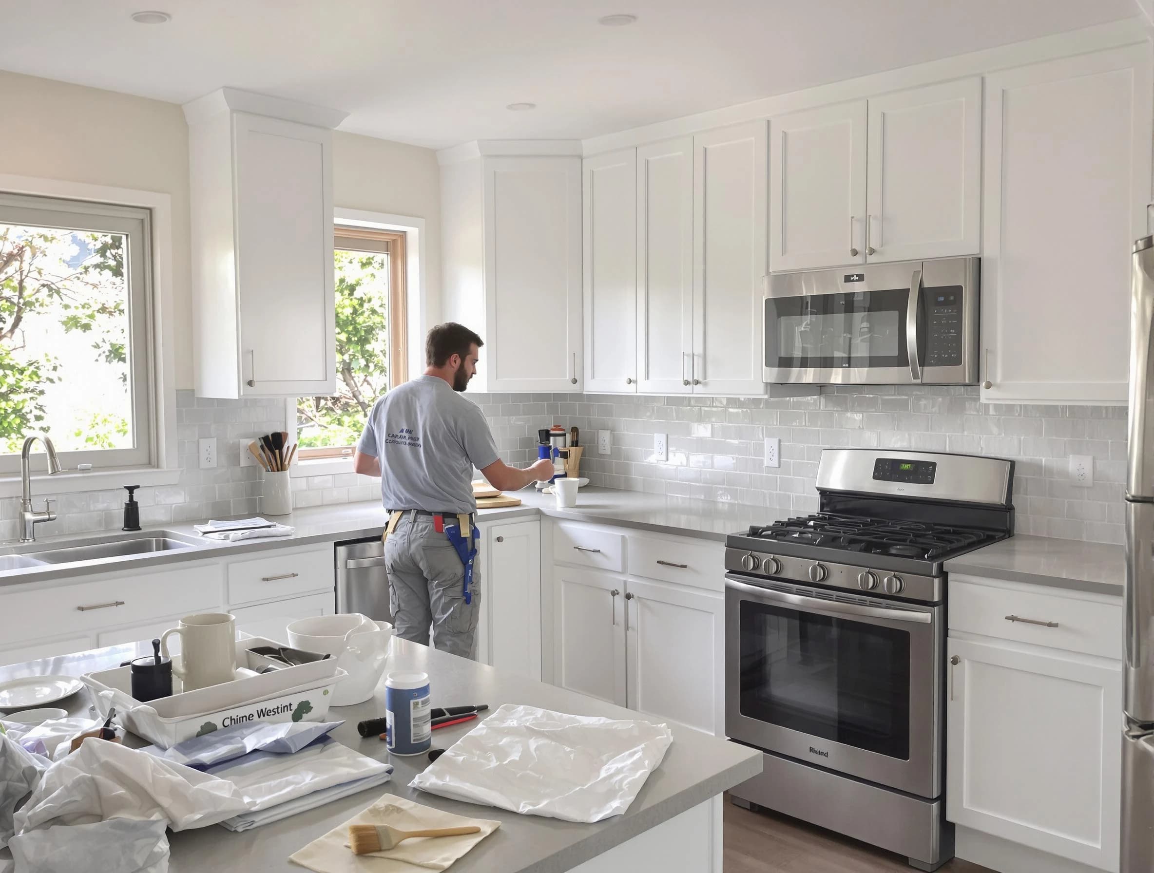 Fairview Park House Painters applying fresh paint on kitchen cabinets in Fairview Park