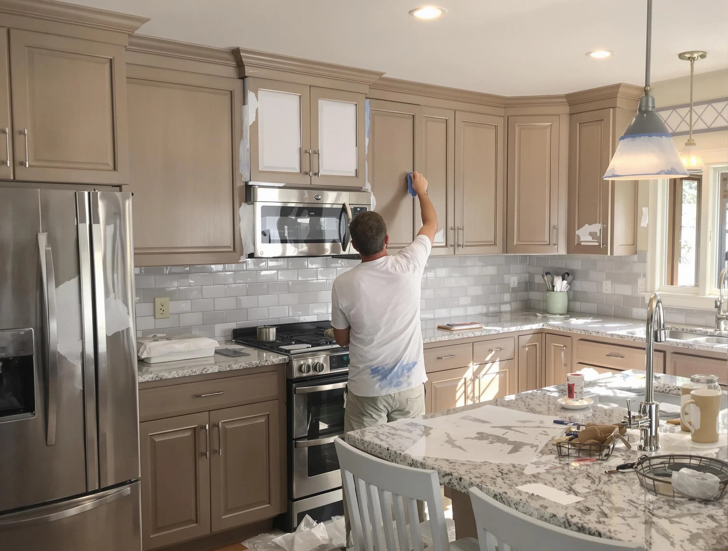 Before-and-after view of kitchen painting by Fairview Park House Painters in Fairview Park